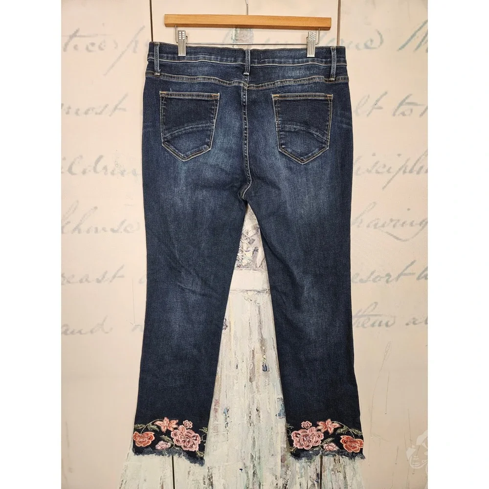 Driftwood Colette Jeans 33 Dark Wash Floral Embroidered Raw Hem Boho Straight